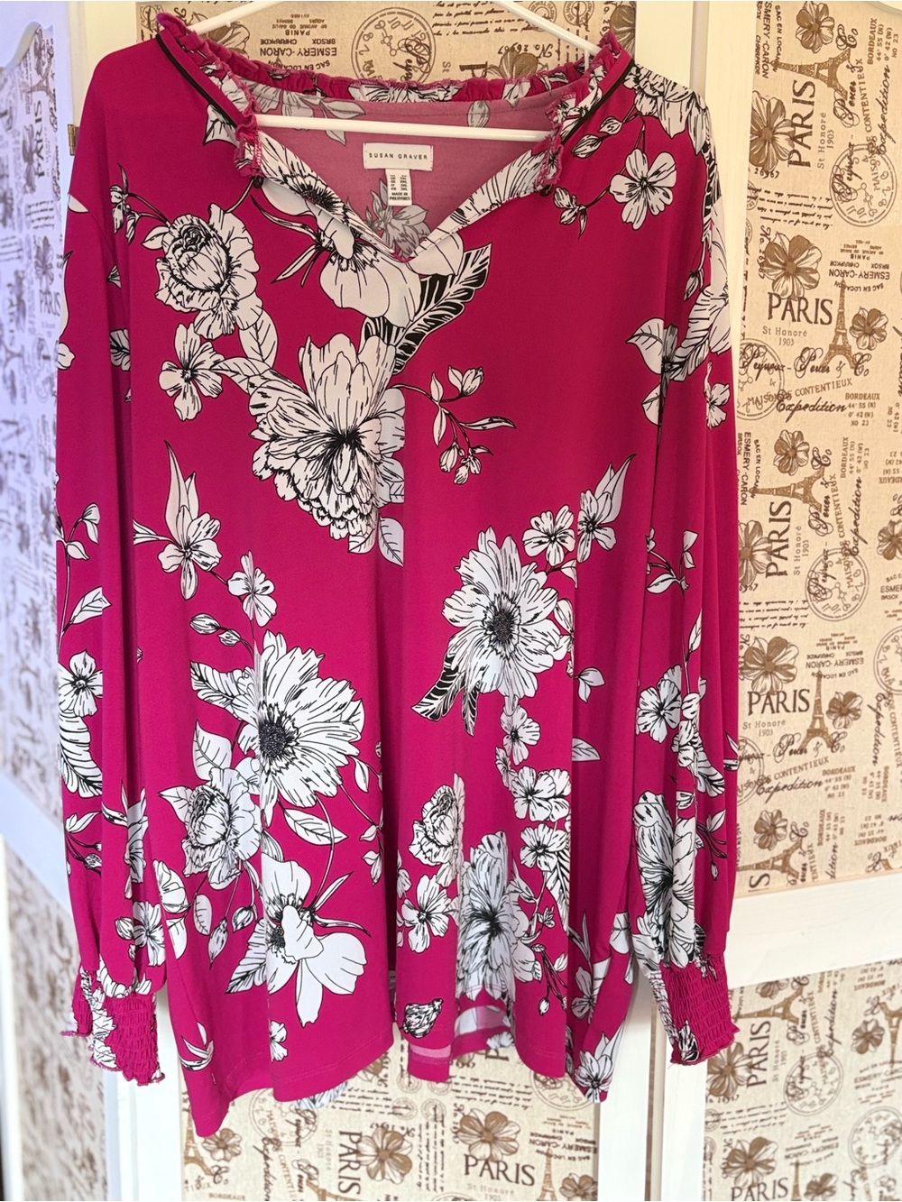 Susan Graver Fuchsia Floral Long-Sleeve V-Neck Blouse